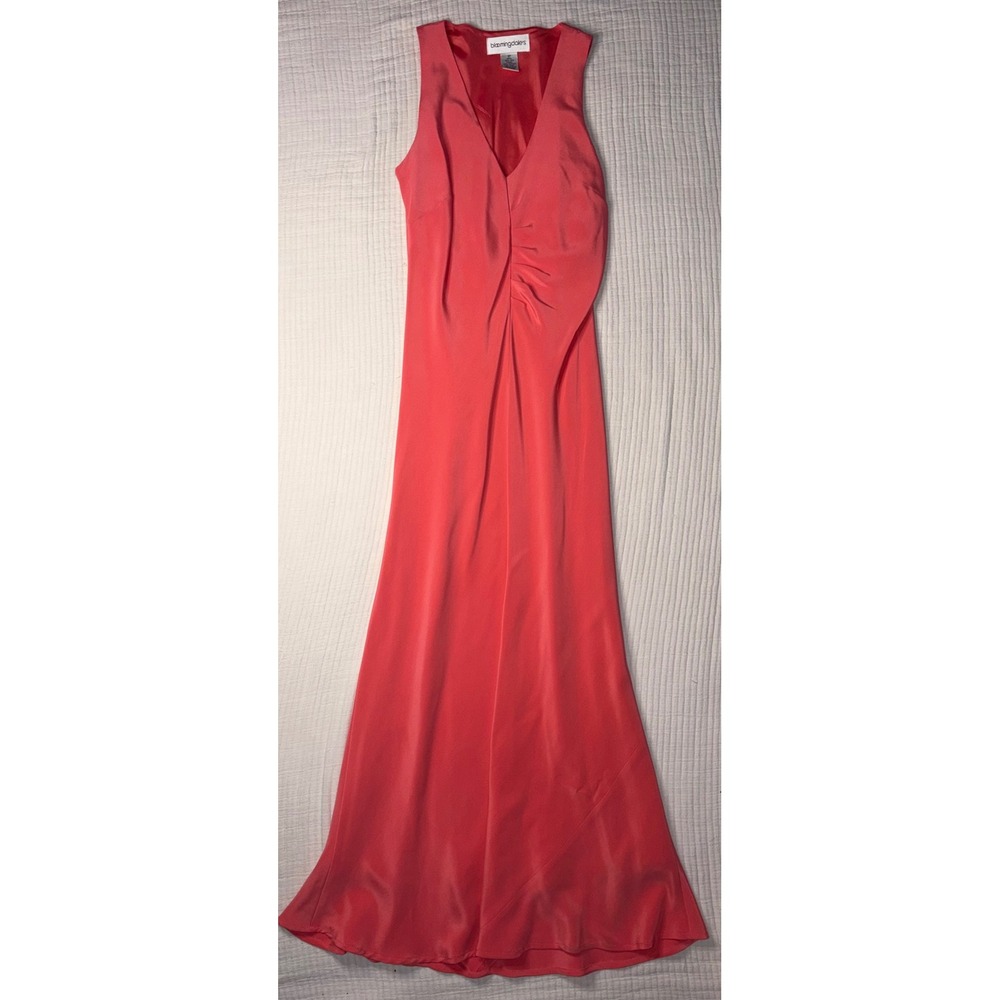 Bloomingdales Women Coral Silk Ruched V-Neck Maxi Evening Gown 4P